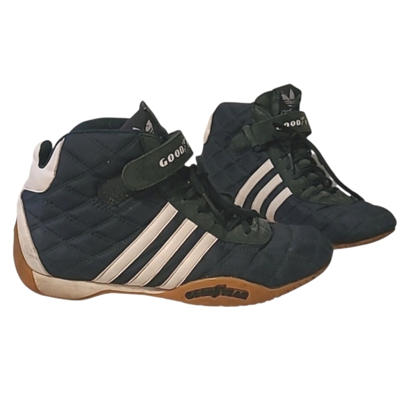 Vintage Adidas Goodyear Monaco Navy Quilted White Leather Racing Shoes Mens 8.5 - Picture 1 of 16